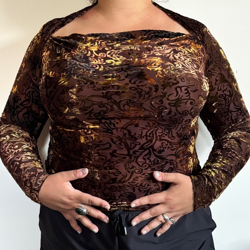 The Pyramid Collection Brown and Gold Fitted Long Sleeve Blouse